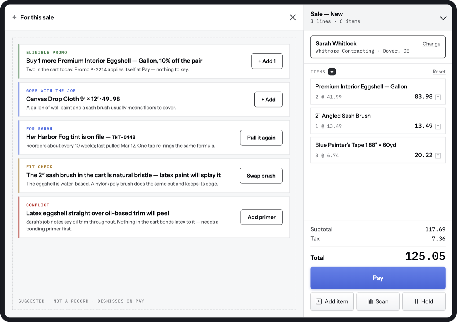 usellit's agentic layer reading a live sale: promo, cross-sell, reorder, fit check, and a conflict caught